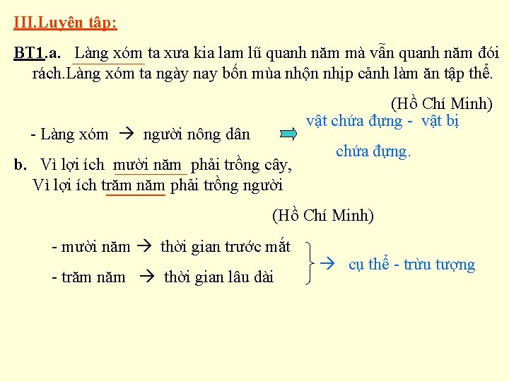 III. Luyện tập: BT 1. a. Làng xóm ta xưa kia lam lũ quanh