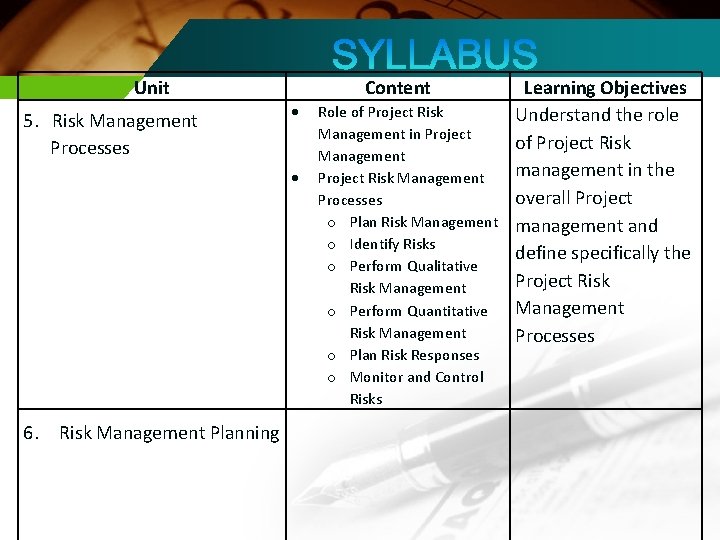 Unit 5. Risk Management Processes Content 6. Risk Management Planning Role of Project Risk