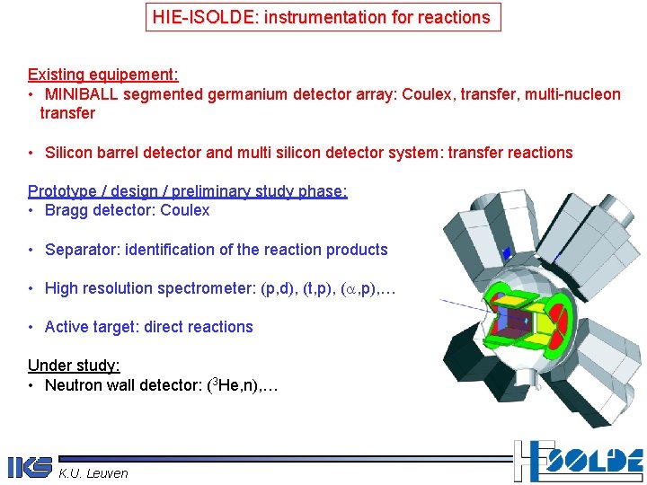 HIE-ISOLDE: instrumentation for reactions Existing equipement: • MINIBALL segmented germanium detector array: Coulex, transfer,