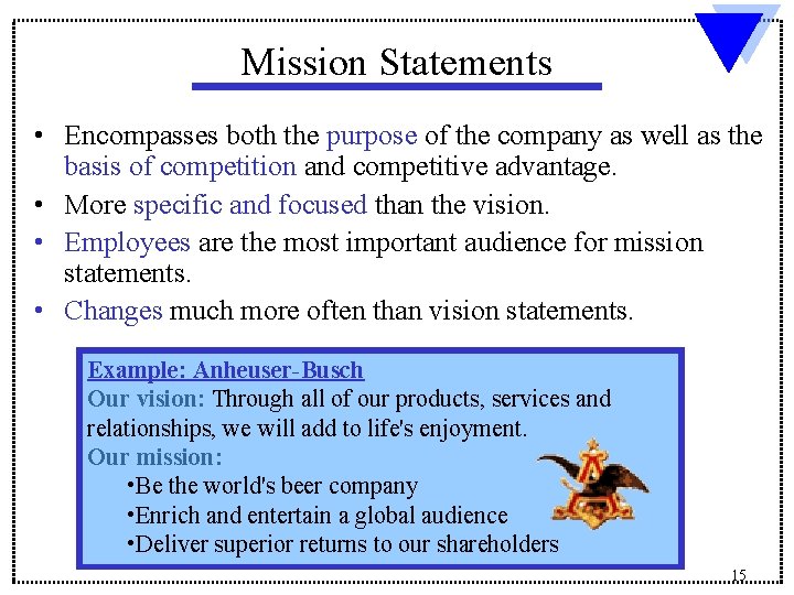 Mission Statements • Encompasses both the purpose of the company as well as the Mission Statements • Encompasses both the purpose of the company as well as the