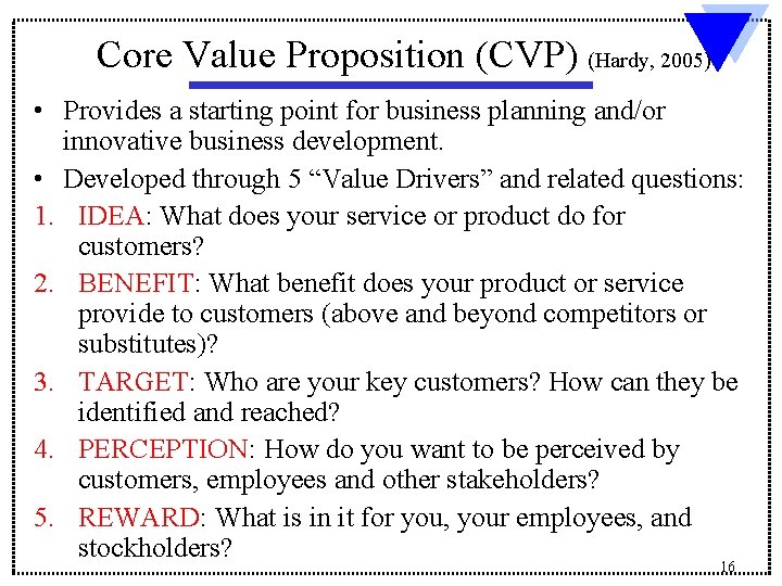 Core Value Proposition (CVP) (Hardy, 2005) • Provides a starting point for business planning Core Value Proposition (CVP) (Hardy, 2005) • Provides a starting point for business planning
