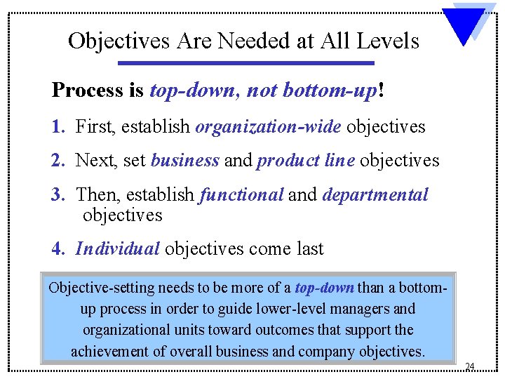 Objectives Are Needed at All Levels Process is top-down, not bottom-up! 1. First, establish Objectives Are Needed at All Levels Process is top-down, not bottom-up! 1. First, establish