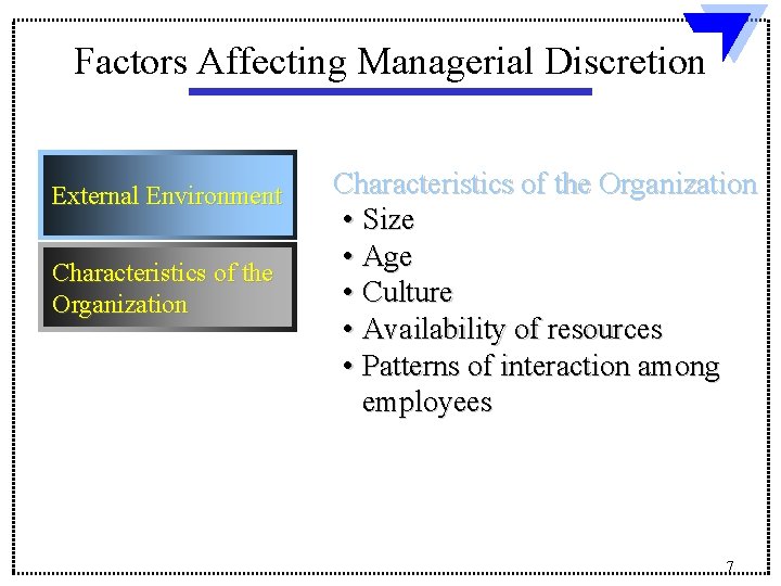 Factors Affecting Managerial Discretion External Environment Characteristics of the Organization • Size • Age Factors Affecting Managerial Discretion External Environment Characteristics of the Organization • Size • Age