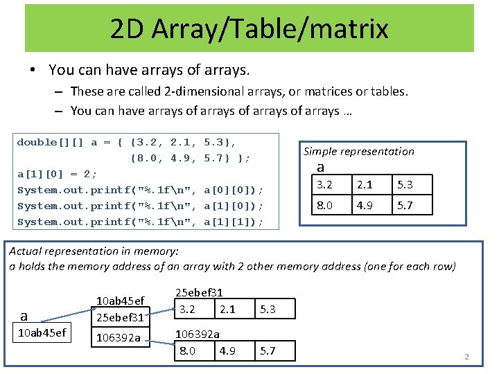 2 D Array/Table/matrix • You can have arrays of arrays. – These are called