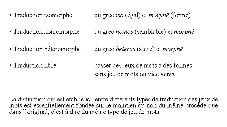  • Traduction isomorphe du grec iso (égal) et morphê (forme) • Traduction homomorphe