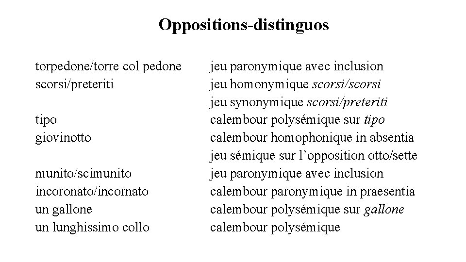 Oppositions-distinguos torpedone/torre col pedone scorsi/preteriti tipo giovinotto munito/scimunito incoronato/incornato un gallone un lunghissimo collo