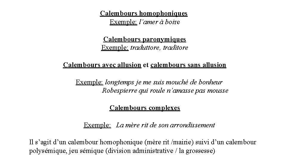 Calembours homophoniques Exemple: l’amer à boire Calembours paronymiques Exemple: traduttore, traditore Calembours avec allusion