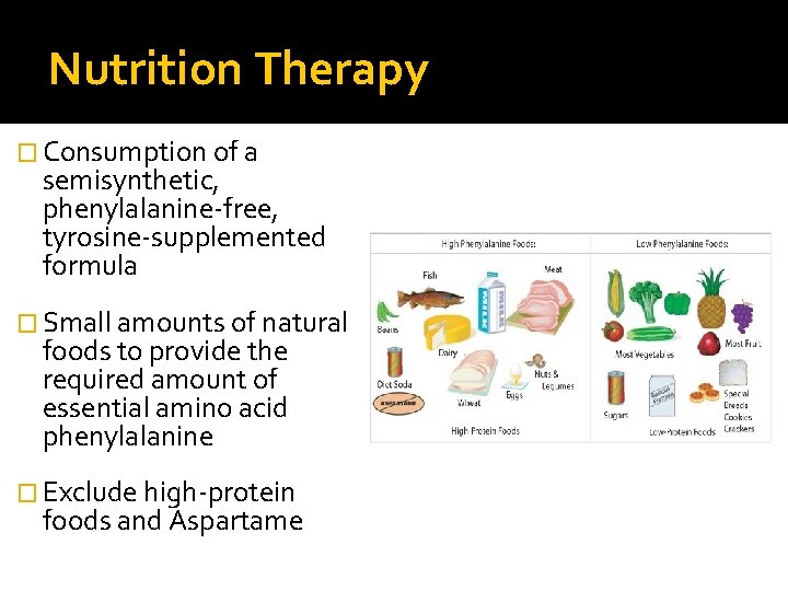 Nutrition Therapy � Consumption of a semisynthetic, phenylalanine-free, tyrosine-supplemented formula � Small amounts of