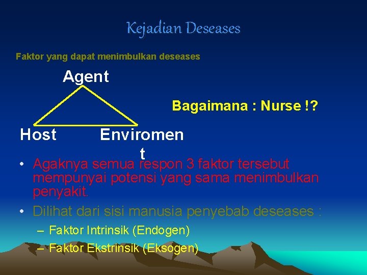 Kejadian Deseases Faktor yang dapat menimbulkan deseases Agent Bagaimana : Nurse !? Host Enviromen