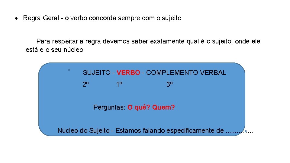  Regra Geral - o verbo concorda sempre com o sujeito Para respeitar a