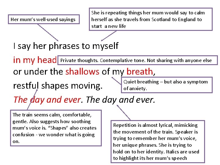 Her mum’s well-used sayings She is repeating things her mum would say to calm