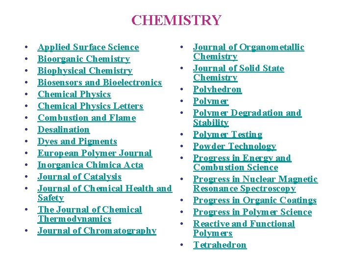 CHEMISTRY • • • • Applied Surface Science Bioorganic Chemistry Biophysical Chemistry Biosensors and