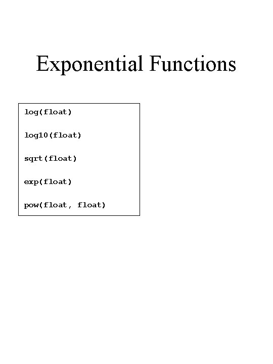 Exponential Functions log(float) log 10(float) sqrt(float) exp(float) pow(float, float) 