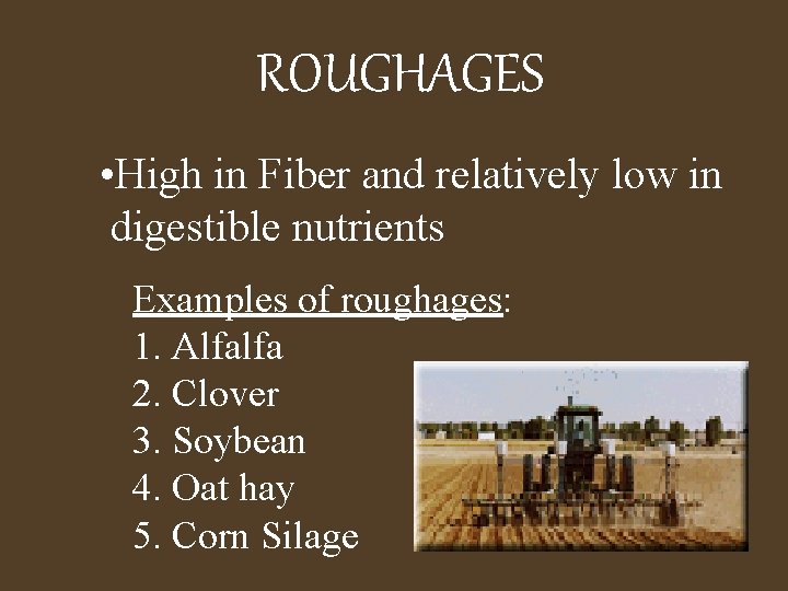 ROUGHAGES • High in Fiber and relatively low in digestible nutrients Examples of roughages: