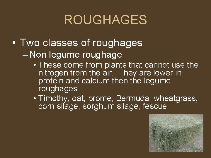 ROUGHAGES • Two classes of roughages – Non legume roughage • These come from
