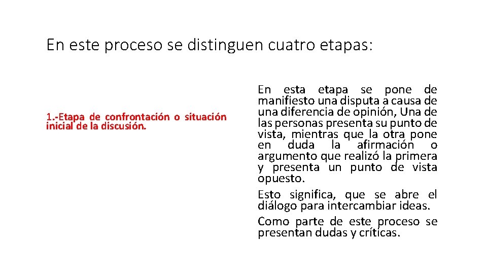 En este proceso se distinguen cuatro etapas: 1. -Etapa de confrontación o situación inicial