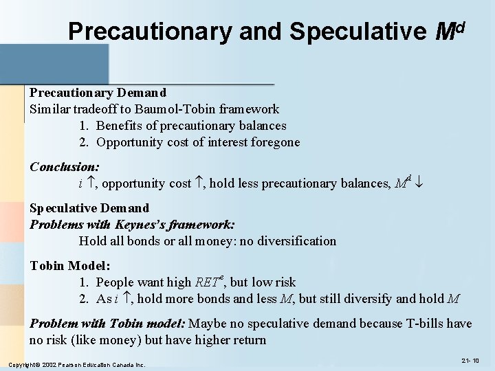 Precautionary and Speculative Md Precautionary Demand Similar tradeoff to Baumol-Tobin framework 1. Benefits of