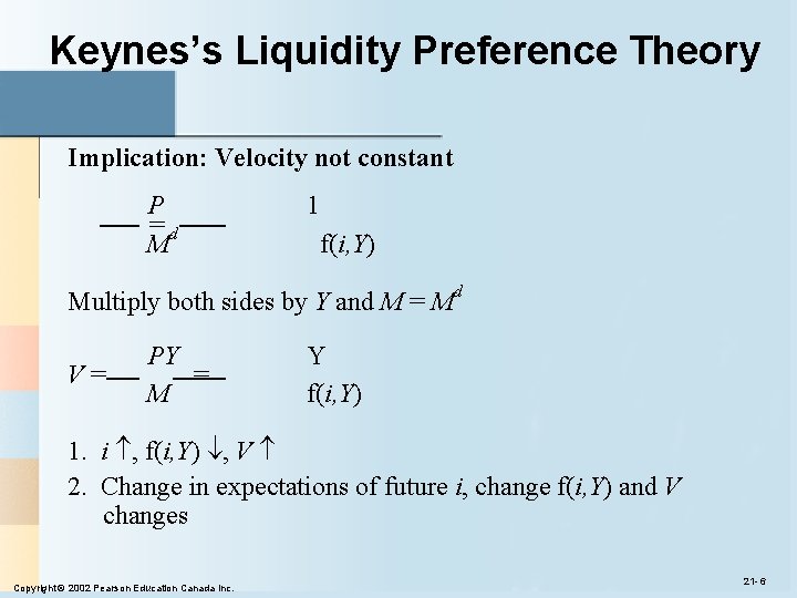 Keynes’s Liquidity Preference Theory Implication: Velocity not constant P =d M 1 f(i, Y)