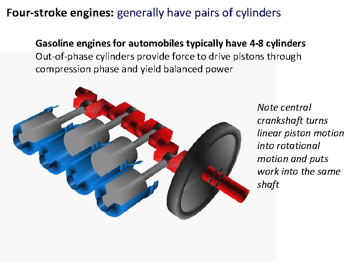 Four-stroke engines: generally have pairs of cylinders Gasoline engines for automobiles typically have 4