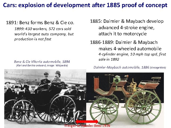 Cars: explosion of development after 1885 proof of concept 1891: Benz forms Benz &
