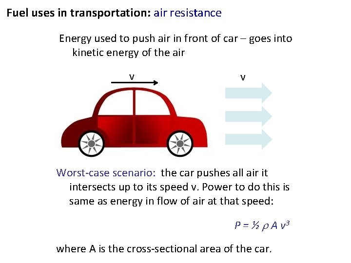 Fuel uses in transportation: air resistance Energy used to push air in front of