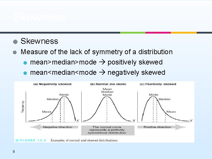 Skewness ¥ Measure of the lack of symmetry of a distribution ¥ mean>median>mode positively