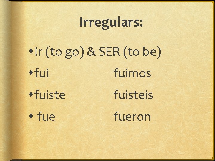 Irregulars: Ir (to go) & SER (to be) fuimos fuisteis fueron 