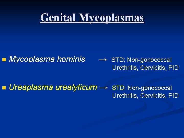 Genital Mycoplasmas n Mycoplasma hominis → STD: Non-gonococcal Urethritis, Cervicitis, PID n Ureaplasma urealyticum