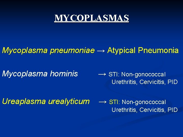 MYCOPLASMAS Mycoplasma pneumoniae → Atypical Pneumonia Mycoplasma hominis → STI: Non-gonococcal Urethritis, Cervicitis, PID