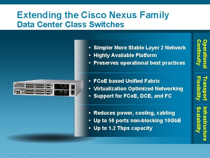 Extending the Cisco Nexus Family Data Center Class Switches § Simpler More Stable Layer