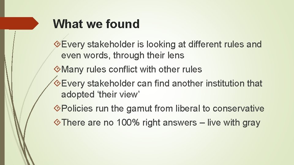 What we found Every stakeholder is looking at different rules and even words, through