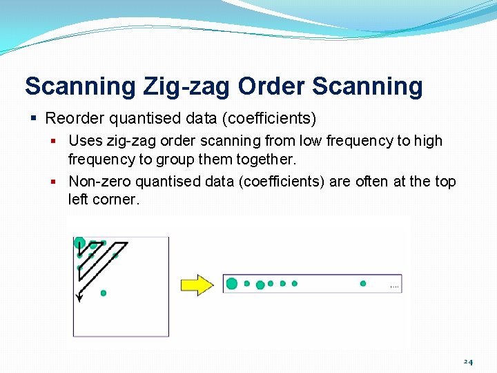 Scanning Zig-zag Order Scanning § Reorder quantised data (coefficients) § Uses zig-zag order scanning