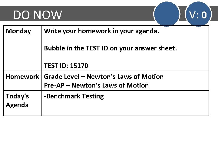 DO NOW Monday Write your homework in your agenda. Bubble in the TEST ID