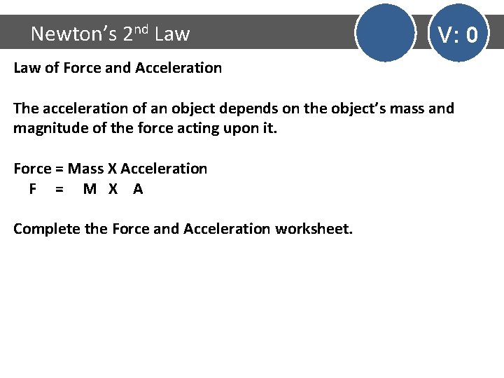 Newton’s 2 nd Law V: 0 Law of Force and Acceleration The acceleration of