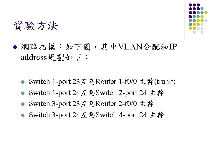 實驗方法 l 網路拓樸：如下圖，其中VLAN分配和IP address規劃如下： l l Switch 1 -port 23互為Router 1 -f 0/0 主幹(trunk)