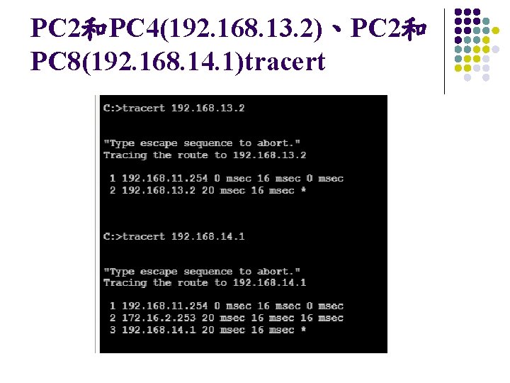 PC 2和PC 4(192. 168. 13. 2)、PC 2和 PC 8(192. 168. 14. 1)tracert 