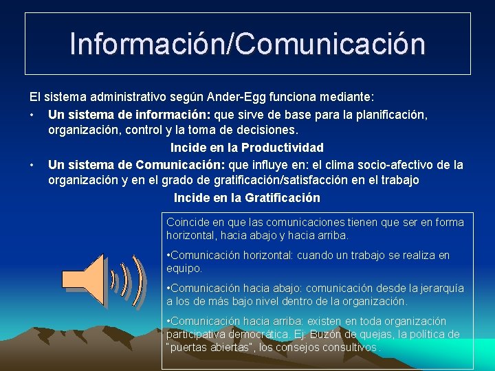Información/Comunicación El sistema administrativo según Ander-Egg funciona mediante: • Un sistema de información: que