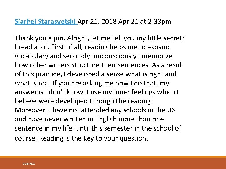 Siarhei Starasvetski Apr 21, 2018 Apr 21 at 2: 33 pm Thank you Xijun.