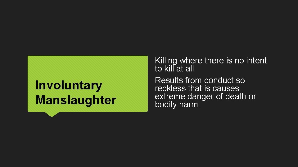 Involuntary Manslaughter Killing where there is no intent to kill at all. Results from