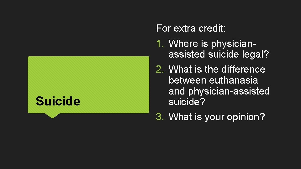 For extra credit: Suicide 1. Where is physicianassisted suicide legal? 2. What is the