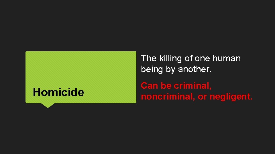 The killing of one human being by another. Homicide Can be criminal, noncriminal, or