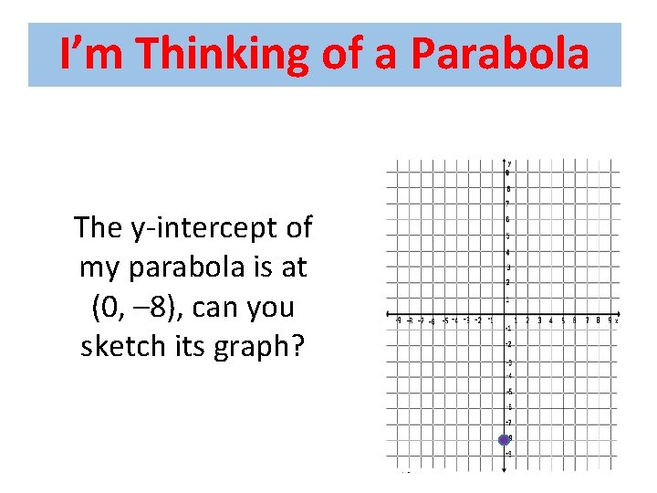 I’m Thinking of a Parabola The y-intercept of my parabola is at (0, –