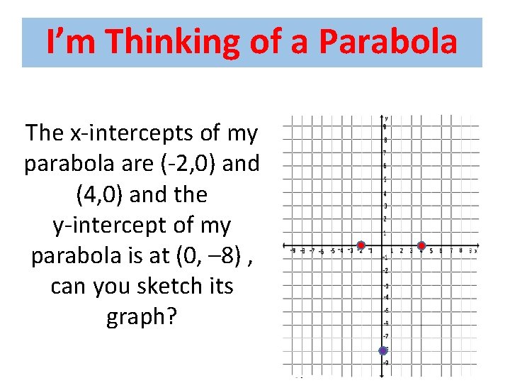 I’m Thinking of a Parabola The x-intercepts of my parabola are (-2, 0) and