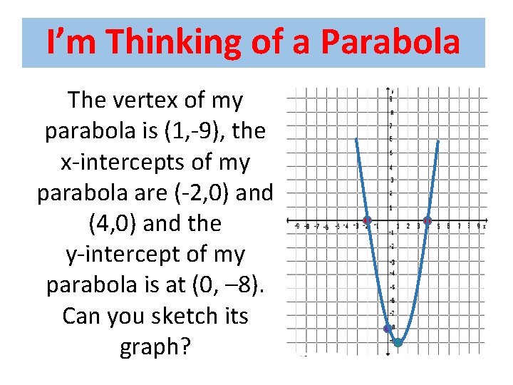 I’m Thinking of a Parabola The vertex of my parabola is (1, -9), the