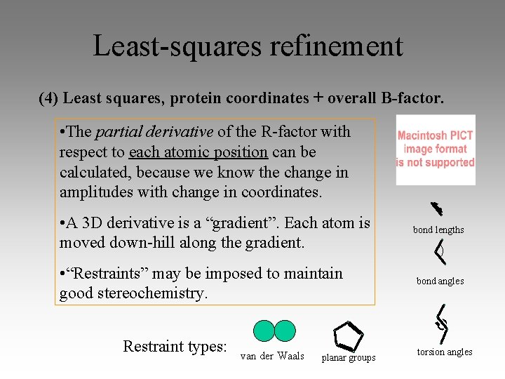 Least-squares refinement (4) Least squares, protein coordinates + overall B-factor. • The partial derivative