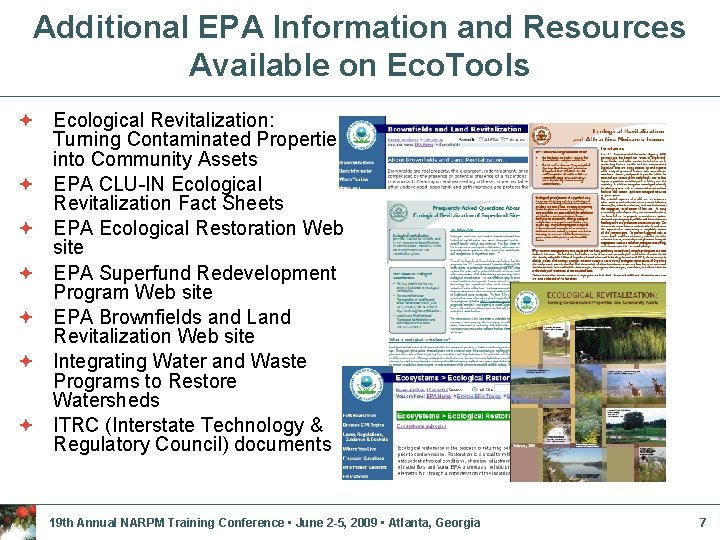 Additional EPA Information and Resources Available on Eco. Tools ª Ecological Revitalization: Turning Contaminated Additional EPA Information and Resources Available on Eco. Tools ª Ecological Revitalization: Turning Contaminated