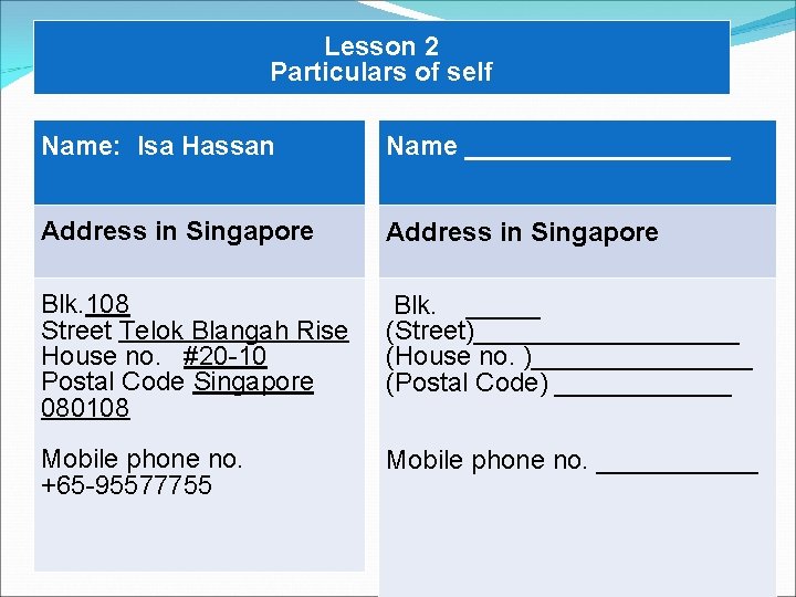 Lesson 2 Particulars of self Name: Isa Hassan Name _________ Address in Singapore Blk.