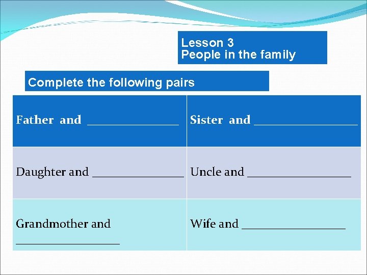 Lesson 3 People in the family Complete the following pairs Father and ________ Sister