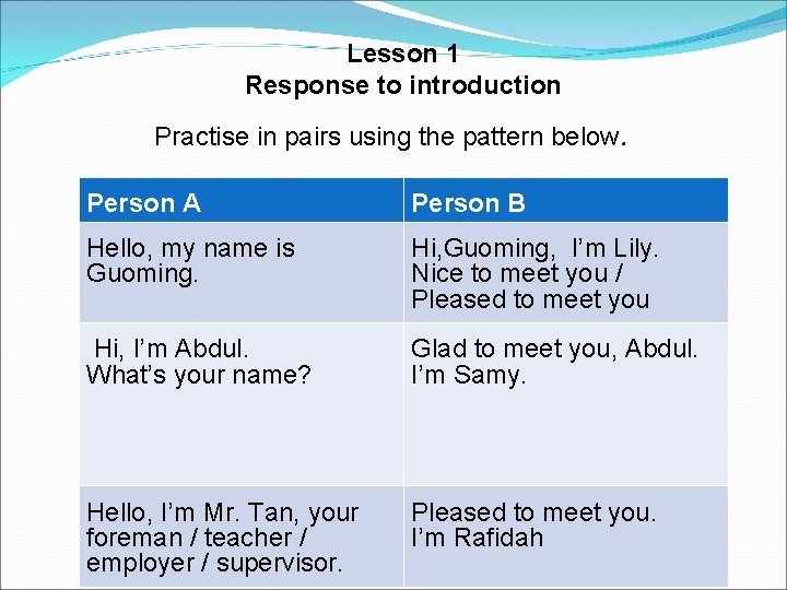 Lesson 1 Response to introduction Practise in pairs using the pattern below. Person A