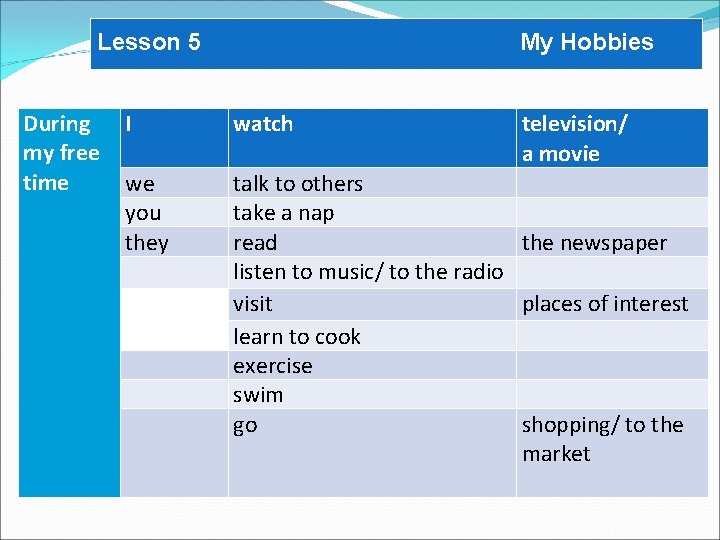 Lesson 5 My Hobbies During my free time I watch television/ a movie we Lesson 5 My Hobbies During my free time I watch television/ a movie we